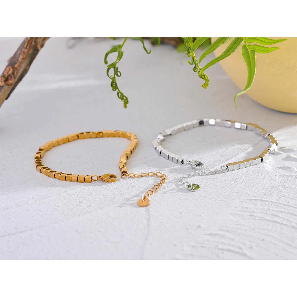 Yhpup Polished Square Beads Handmade Stainless Steel Stylish Bracelet Bangle High Quality Trendy Waterproof Jewelry Brand Men