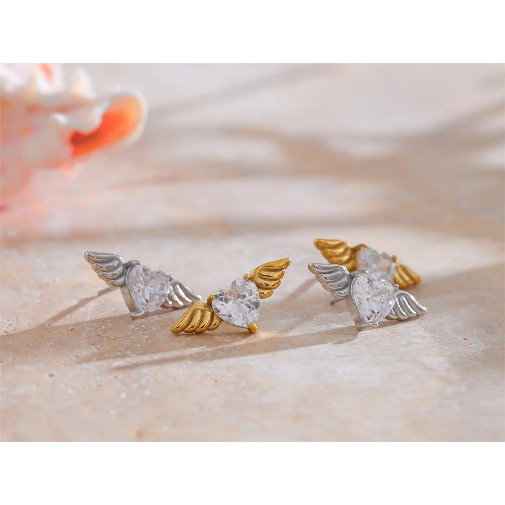 Yhpup Fashion Stainless Steel Shiny Cubic Zirconia Wing Stud Earrings for Women Prevent Allergy Chic Daily Jewelry Gift
