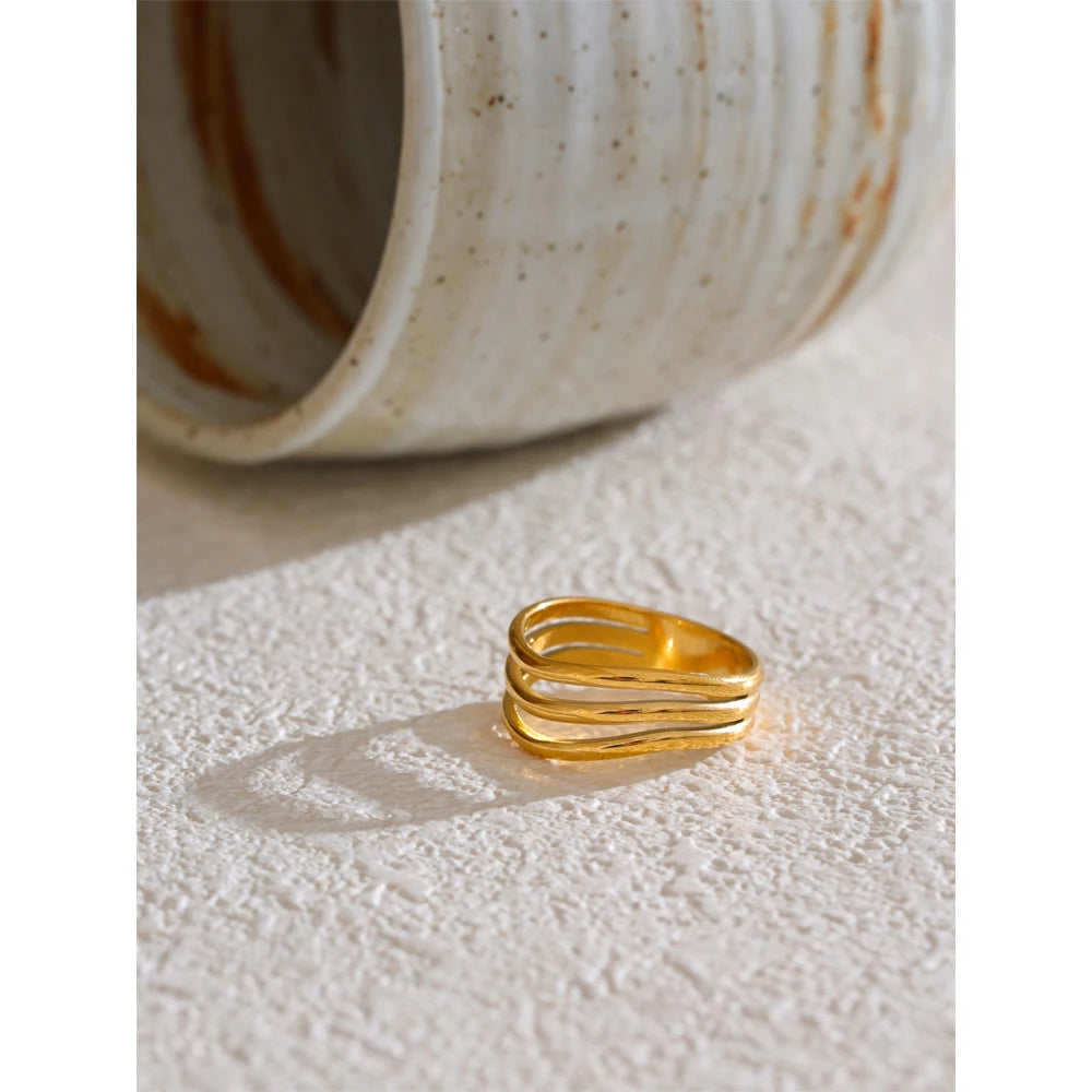 Yhpup 678# Distinctive Stainless Steel Metal Geometric Layered Hollow Golden Ring Charm Trendy Daily Jewelry Accessories