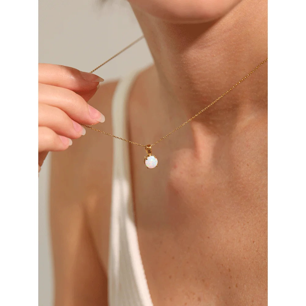 Yhpup Exquisite Round Opal Stone Pendant Necklace for Women Stainless Steel Korean Style Fashion Temperament Neck Jewelry