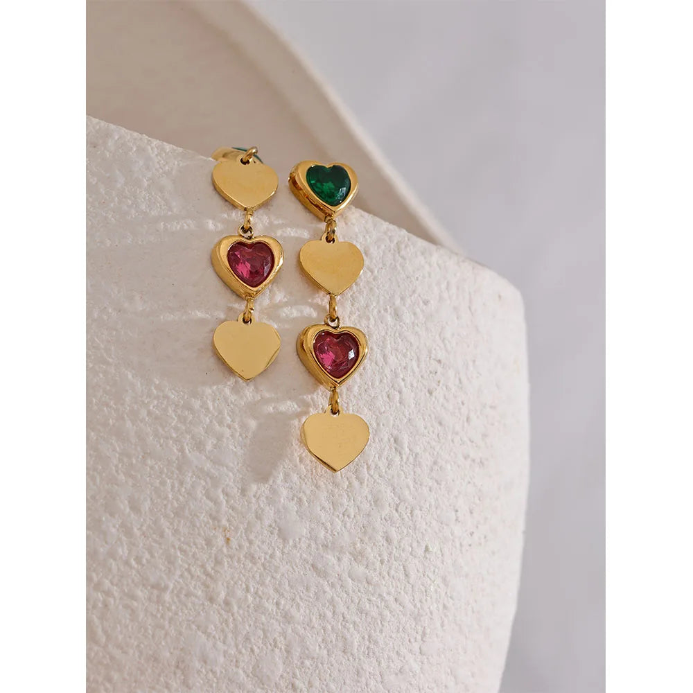 Yhpup Green Pink White Cubic Zirconia Stainless Steel Heart Drop Dangle Earrings Trendy Daily Fashion Korean Jewelry for Women