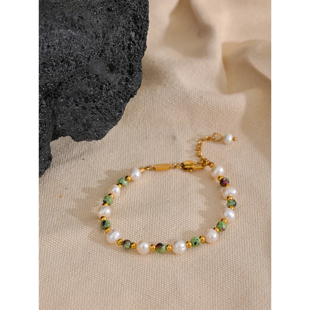Yhpup Natural Stone Freshwater Pearls Fashion Handmade Stainless Steel Charm Jewelry Bracelet Bangle for Women Gift Waterproof