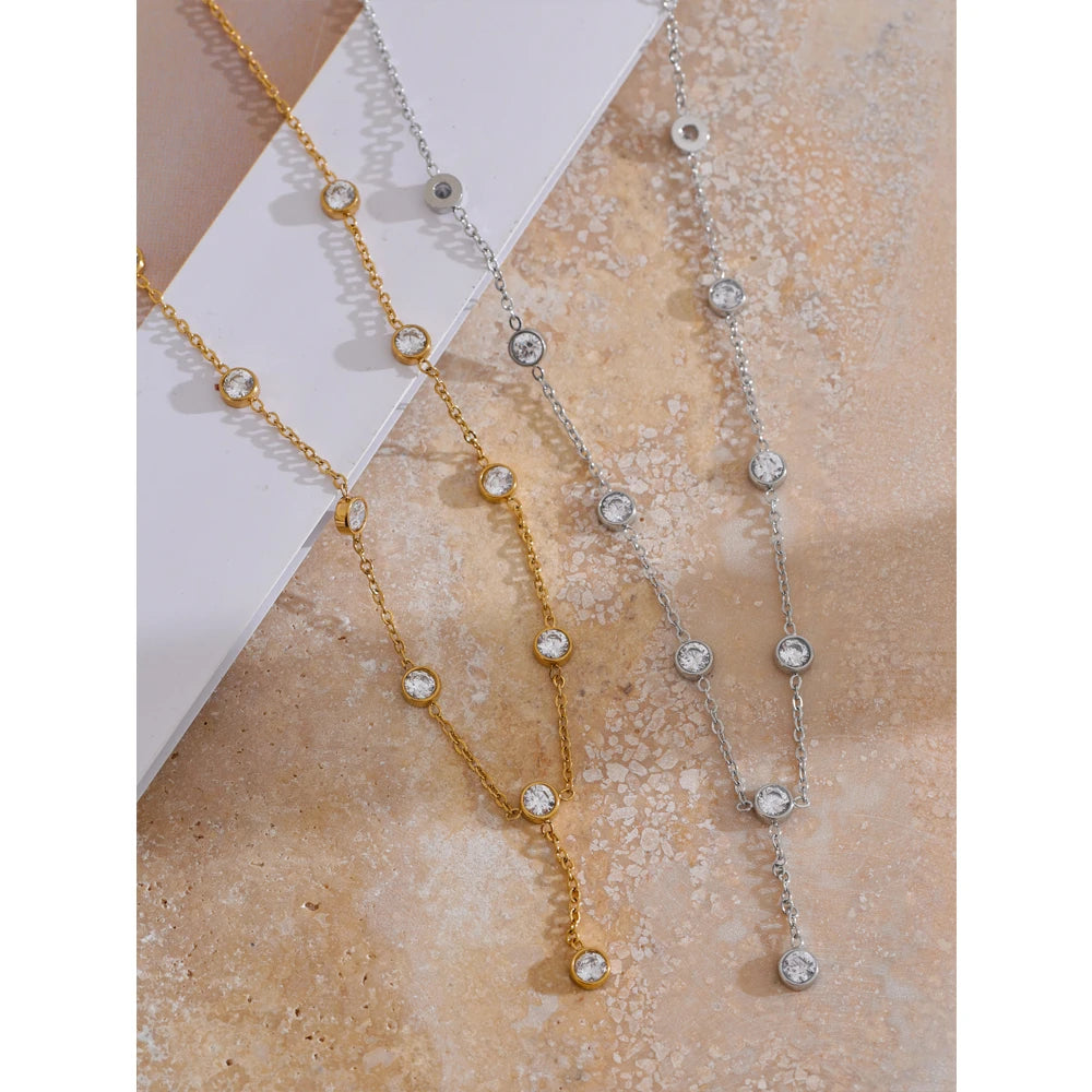 Yhpup Korean Style Exquisite Cubic Zirconia Chain Necklace for Women Stainless Steel Water Resistant Chic Jewelry Gift