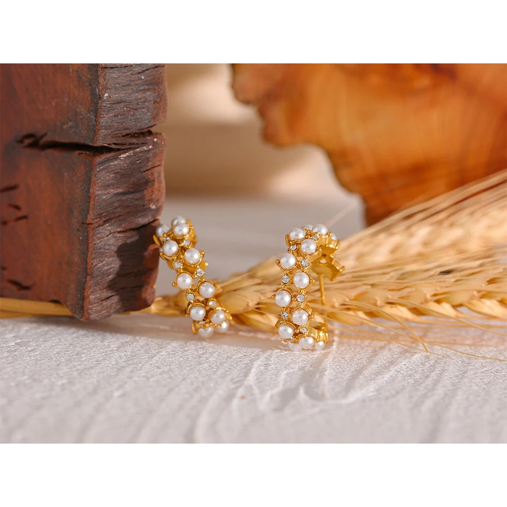 Yhpup Gorgeous Fashion Imitation Pearls C Shape Stainless Steel Chic Hoop Earrings 18K Gold Plated Elegant CZ Charm Jewelry Gift