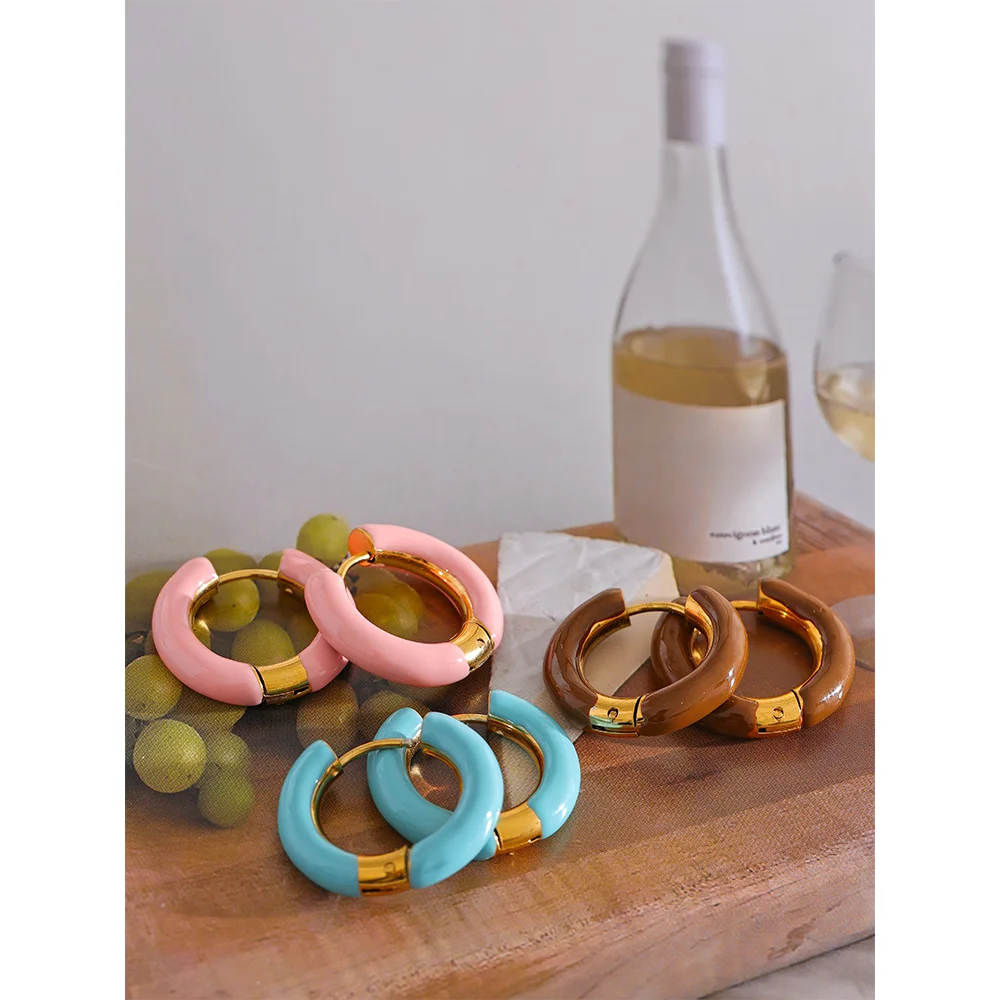 Yhpup 20mm Candy Color Blue Pink Brown Enamel Stainless Steel Hollow Hoop Earrings Golden Simple Trendy Y2K Sweet Jewelry Gift