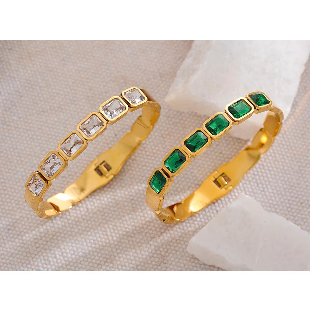 Yhpup Bling Green White Cubic Zirconia Bracelet Bangle Stainless Steel Waterproof Trend High Quality Fashion Jewelry Women Party