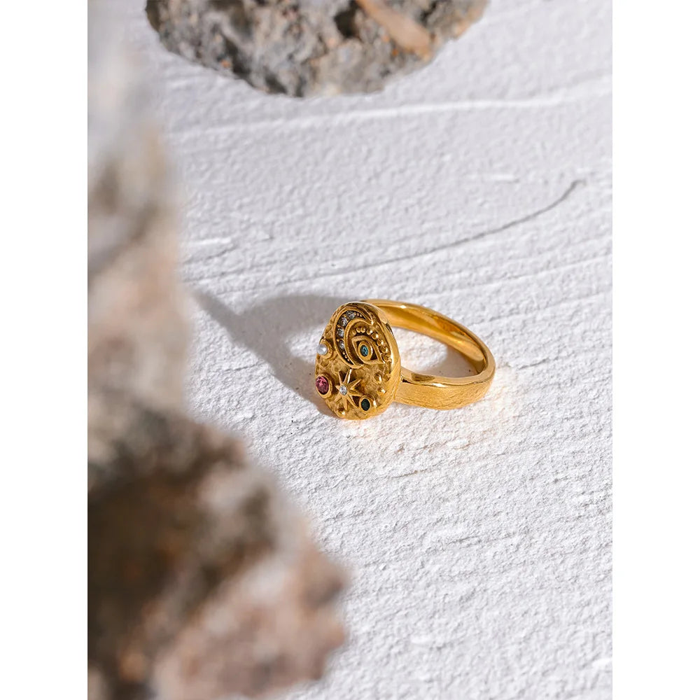 Yhpup Stainless Steel Star Moon Eye Charms Ring Colorful CZ Zirconia 18K Gold Color High Quality Celestial Jewelry Women Gala