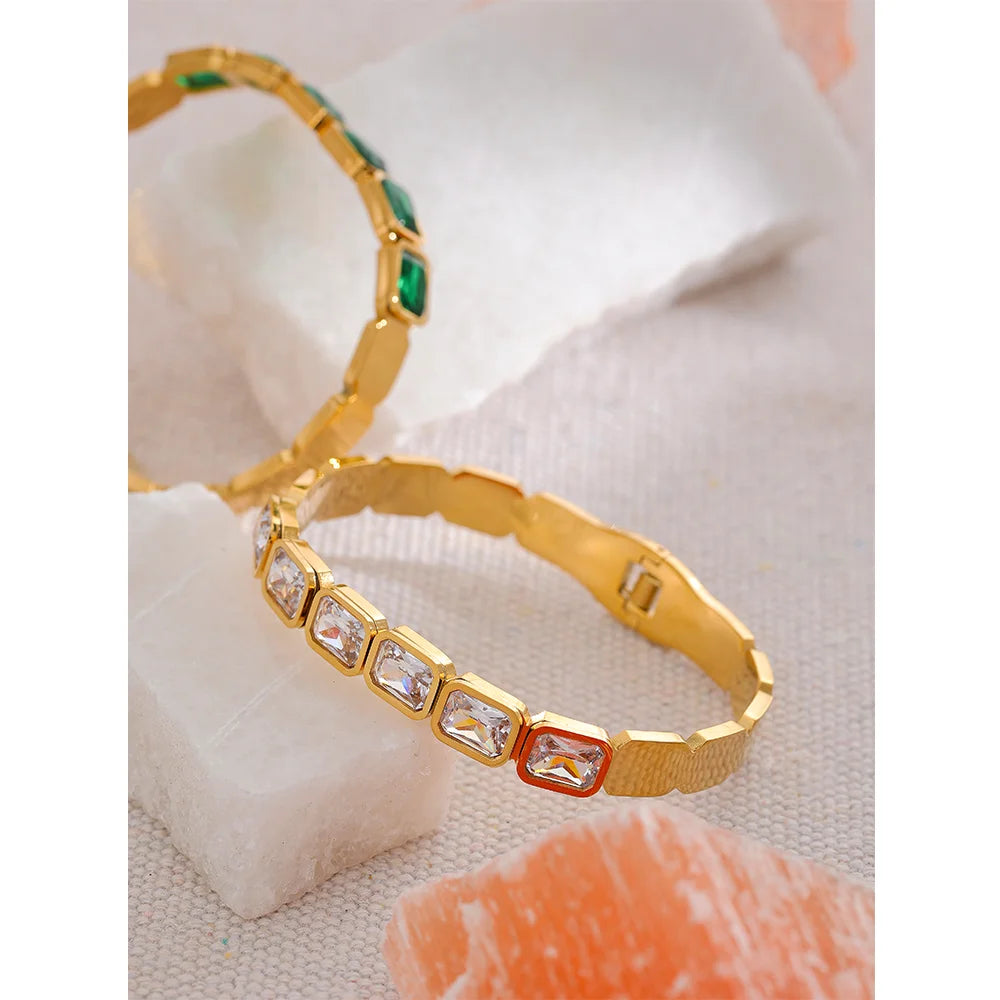 Yhpup Bling Green White Cubic Zirconia Bracelet Bangle Stainless Steel Waterproof Trend High Quality Fashion Jewelry Women Party