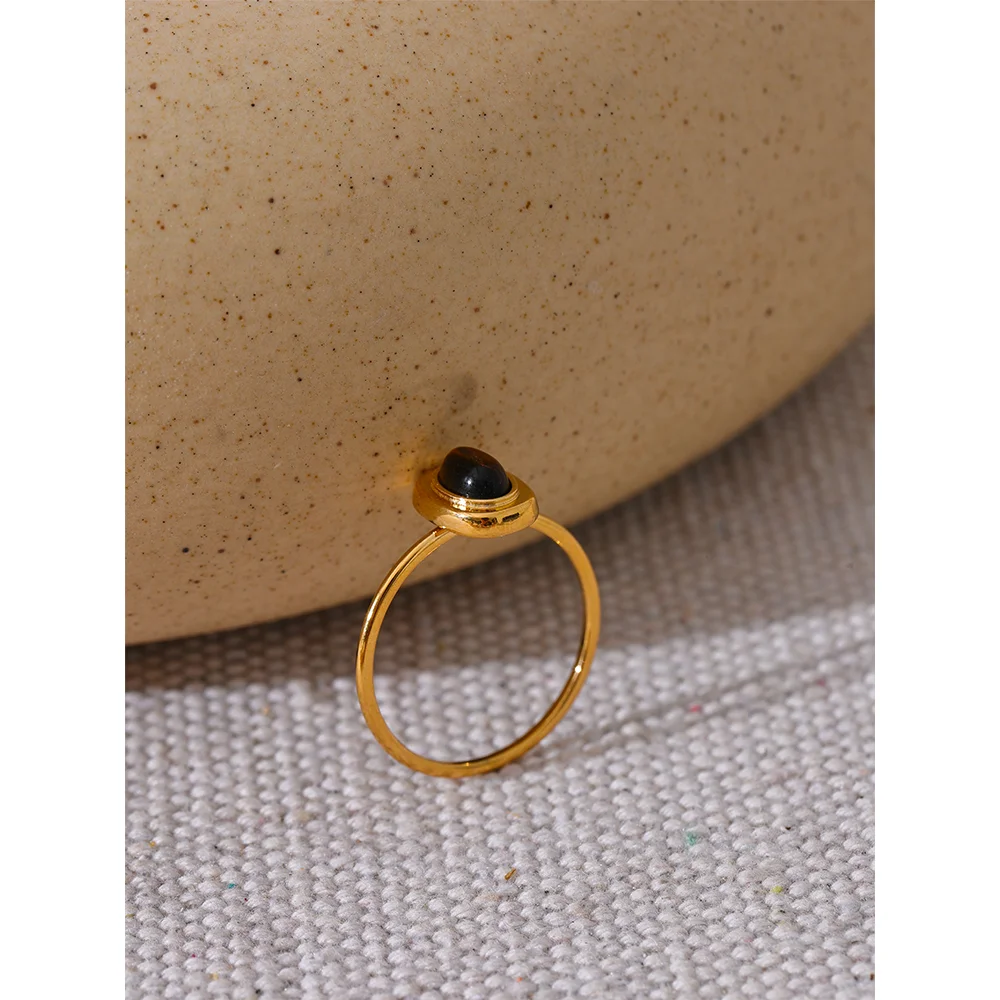 Yhpup Fashion Natural Stone Stainless Steel Oval Thin Chic Ring Women 18K PVD Plated Waterproof Jewelry Accessories Gift