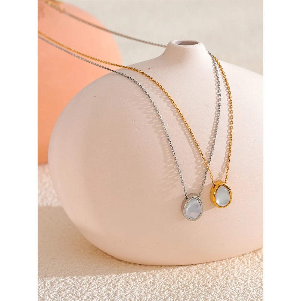 Yhpup 316L Stainless Steel Natural Stone Exquisite Shell Pendant Necklace for Women Chic Waterproof Metal Stylish Collar Jewelry