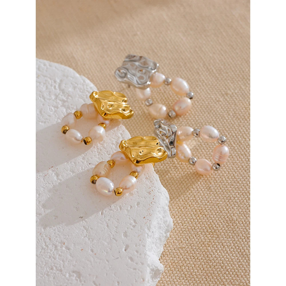Yhpup High Quality Natural Freshwater Pearl Geometric Fashion Drop Earrings Rust Proof Stainless Steel Elegant Jewelry Gift