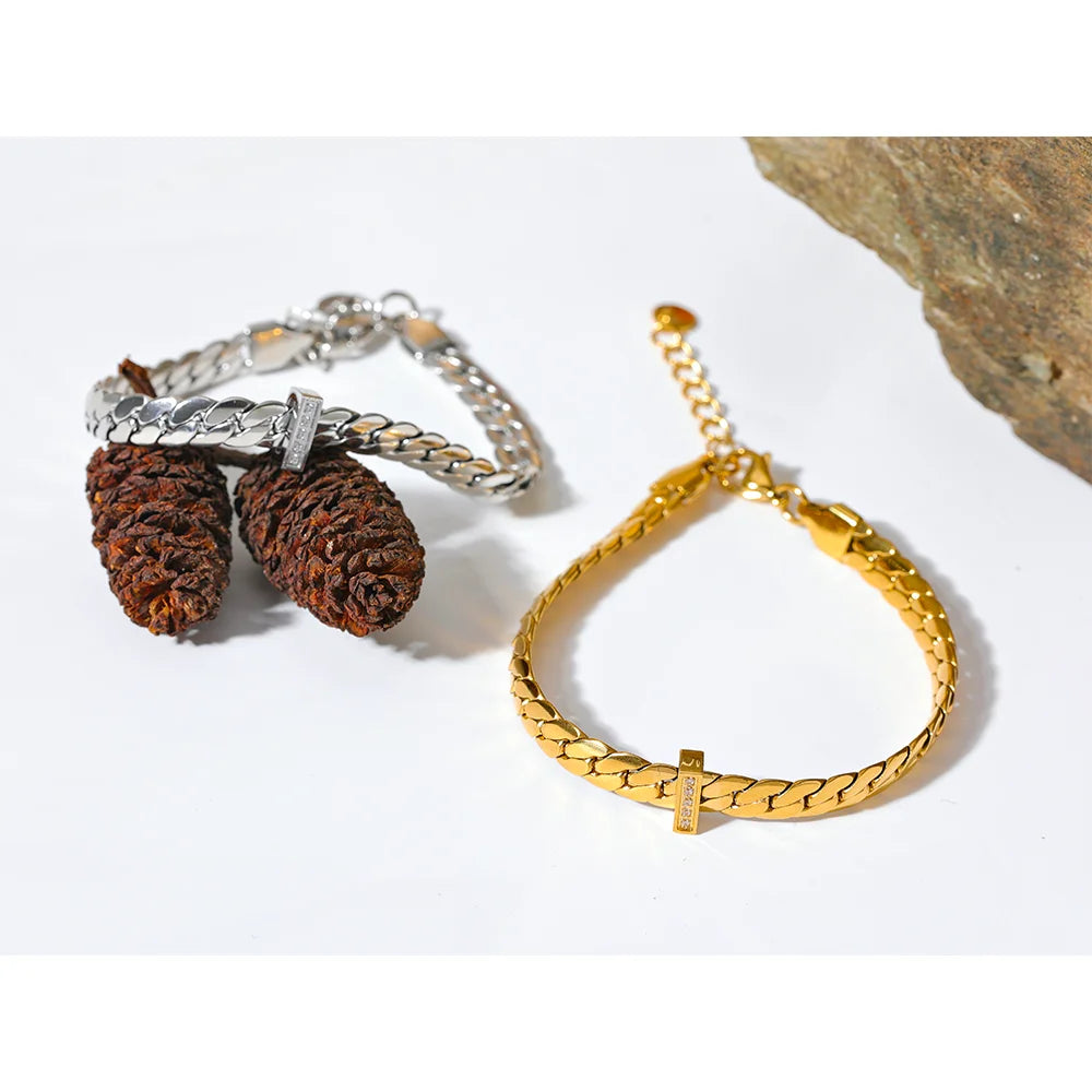 Yhpup High Quality 18K Gold Plated Cuban Chain Stainless Steel Bracelet Bangle Zircon Statement Chic Fashion Waterproof Jewelry