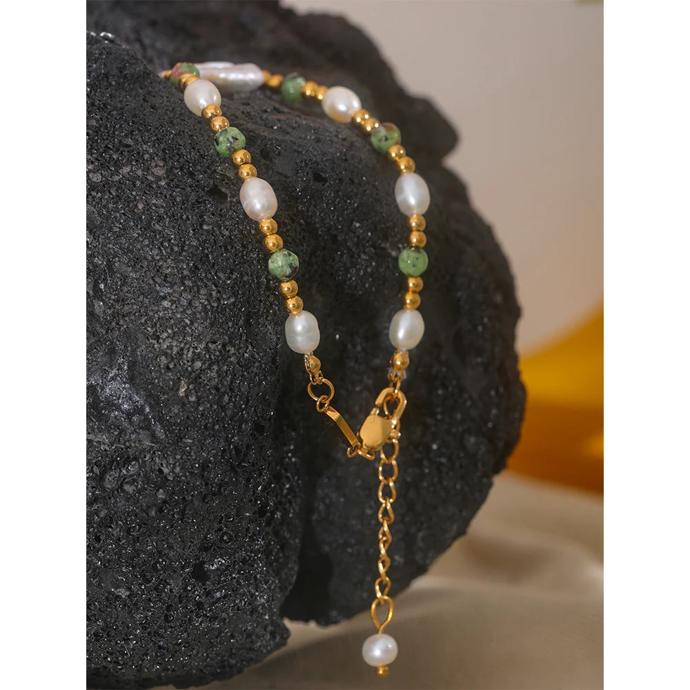 Yhpup Luxury Baroque Natural Epidote Stone Freshwater Pearls Handmade Stainless Steel Beads Bracelet Bangle PVD Jewelry Women