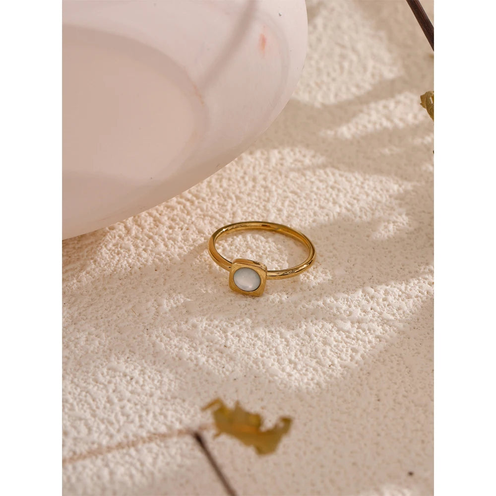Yhpup Natural Shell Square Thin Fashion Ring 316L Stainless Steel Gold Color Charm Chic Jewelry 18K PVD Plated Waterproof