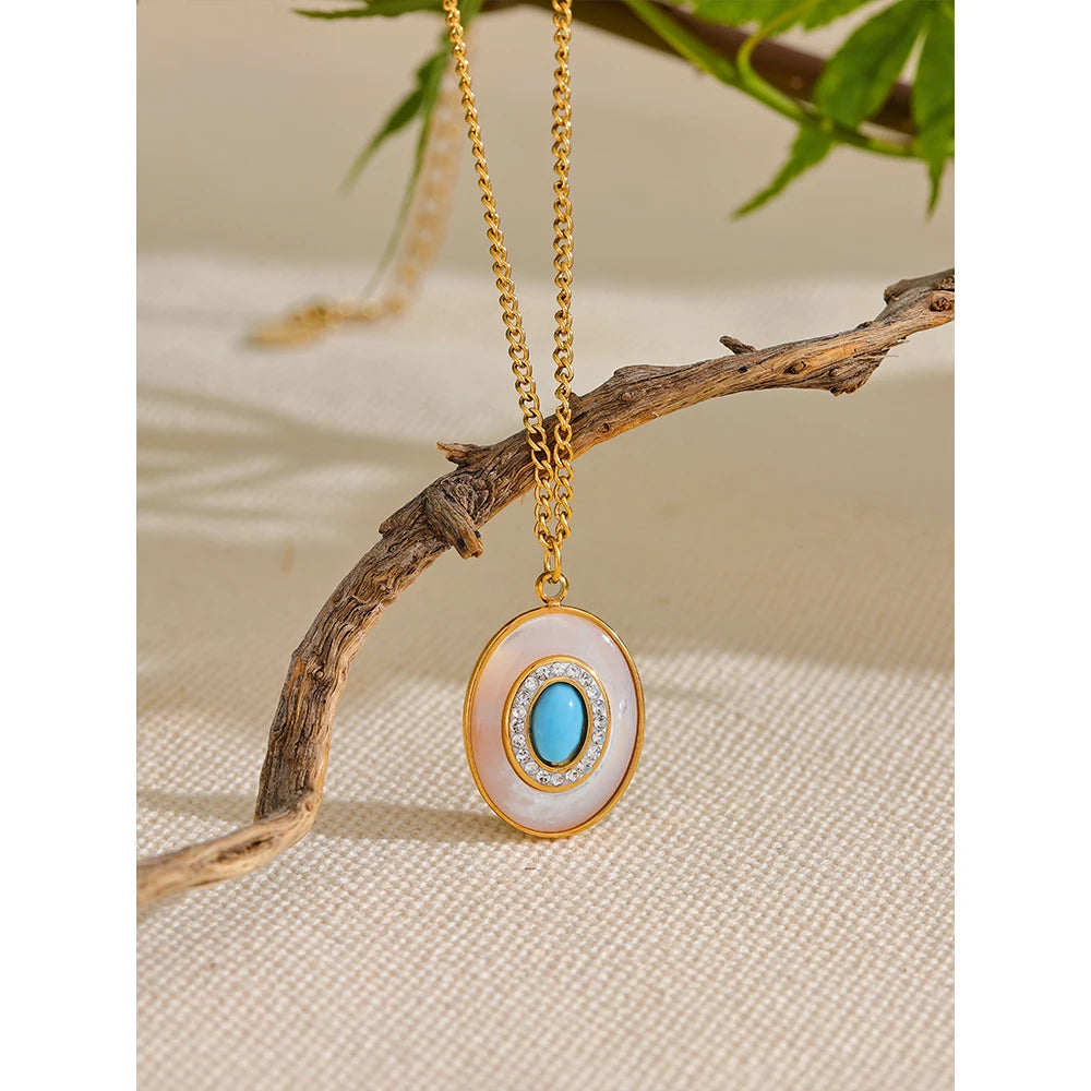 Yhpup Fashion Natural Shell Stone Cubic Zircon Chic Pendant Necklace Vintage Stainless Steel Waterproof Luxury Jewelry Gift