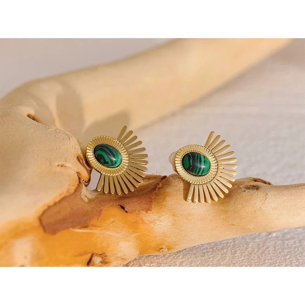 Yhpup Stainless Steel Black Stone Ear Clip Earrings Statement Golden Metal Sun Flower Earrings for Women Bijoux Femme Gala Gift