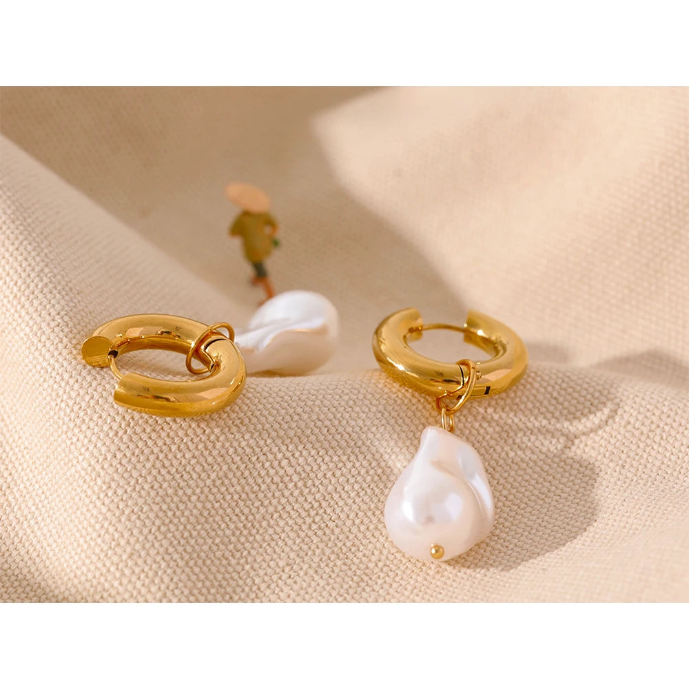 Yhpup Circle Drop Baroque Imitation Pearls Stainless Steel Trendy Gold Color Hoop Earrings Charm Vintage Trendy Jewelry Women