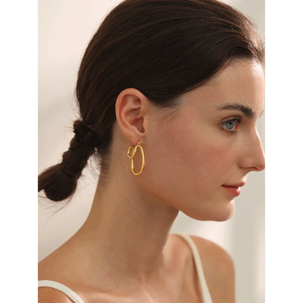 Yhpup Fashion Inlaid Zircon Stainless Steel Oval Hollow Hoop Earrings High Quality Gold Color Exquisite Ear Jewelry Gift