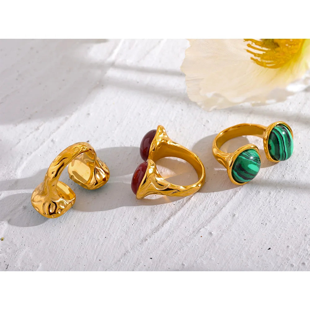 Yhpup Size 7 Vintage France Natural Stone Stainless Steel Cast Geometric Big Ring Women Fashion Charm Golden Personality Jewelry