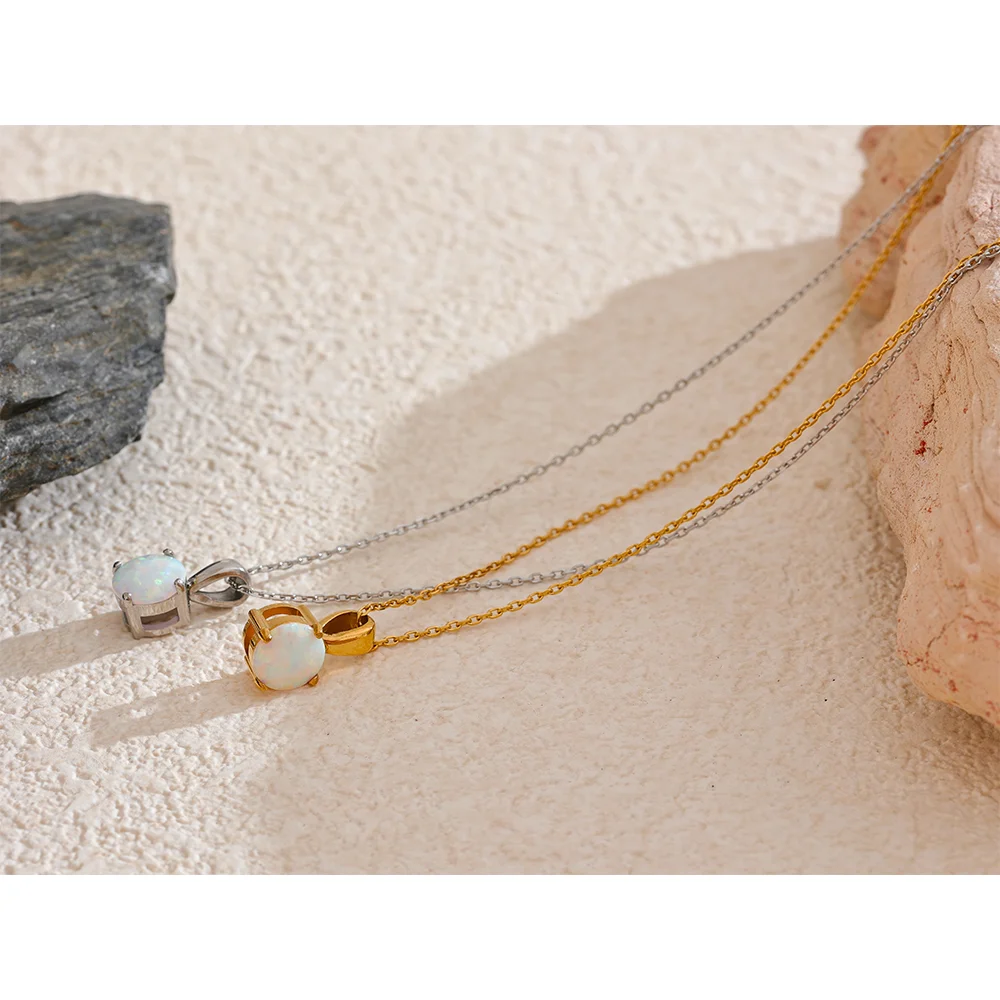 Yhpup Exquisite Round Opal Stone Pendant Necklace for Women Stainless Steel Korean Style Fashion Temperament Neck Jewelry