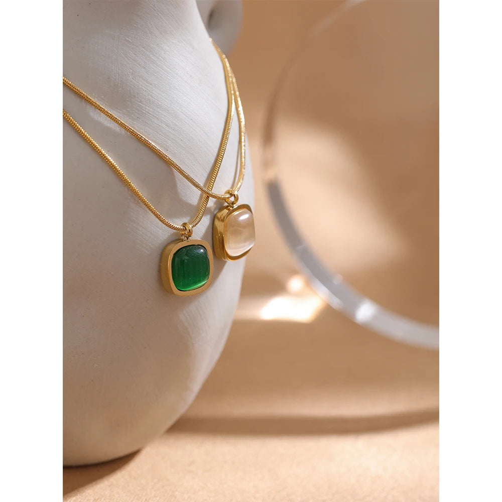 Yhpup Square Green Opal Stone Pendant Drop Dangle Necklace for Women Charm Jewelry Minimalist Geometric Stainless Steel Necklace