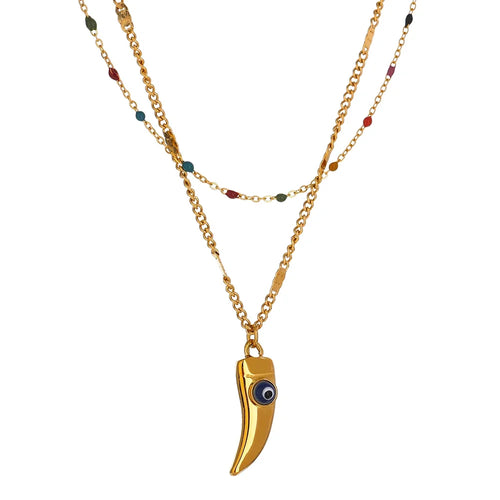 Yhpup Stainless Steel Horns Pendant Necklace Exquisite Colorful Enamel Double Layered Temperament Jewelry Collar Party Gift