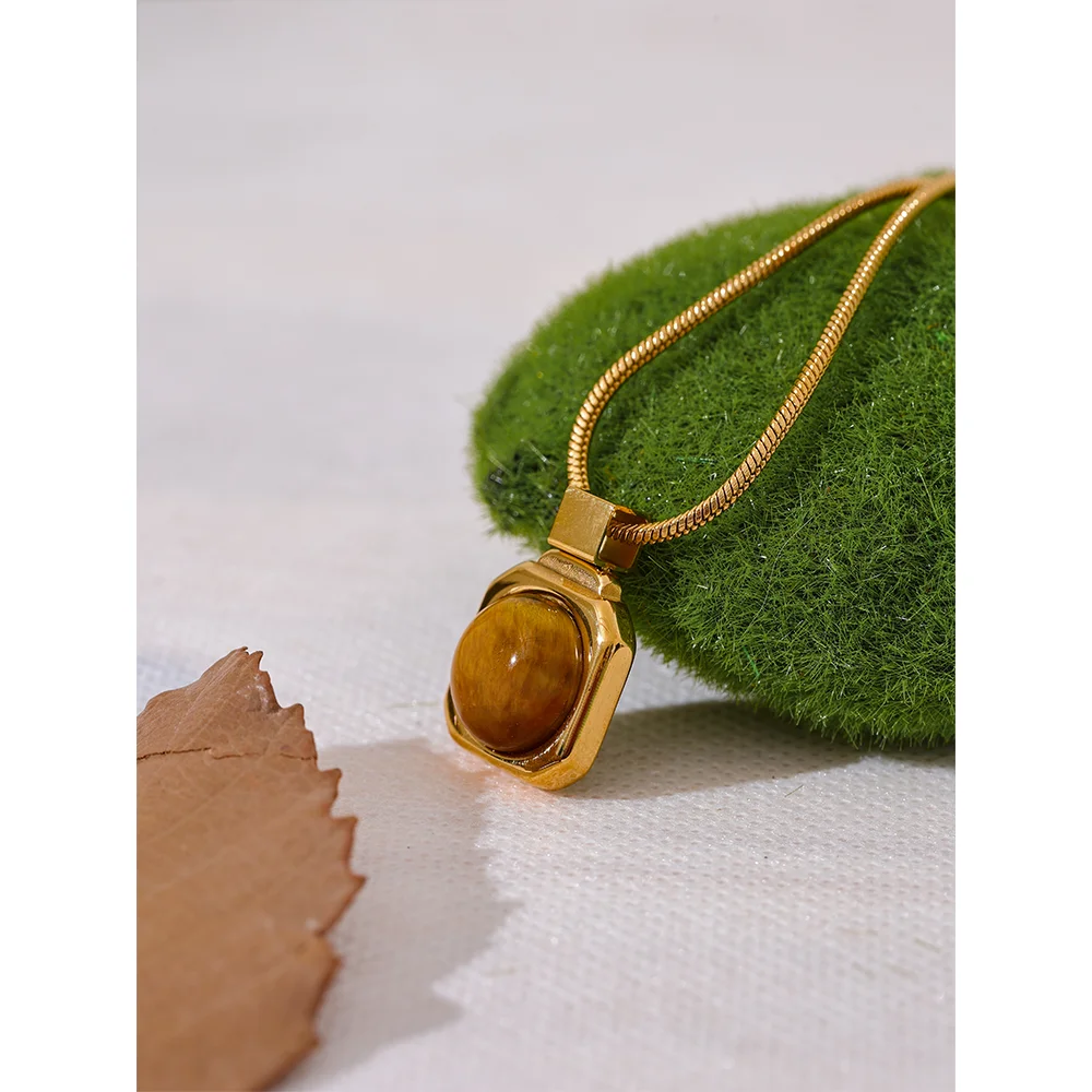 Yhpup High Quality Natural Tiger Stone Square Pendant Necklace Rust Proof Gold Color Fashion Collar Versatile Jewelry Gift