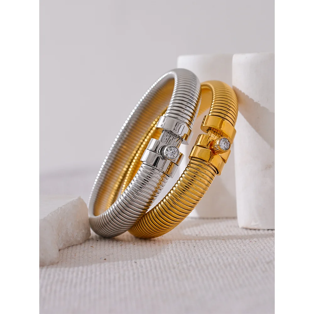 Yhpup Stainless Steel Elastic Thick Metal Bracelet Bangle Statement CZ Popular Fashion Unisex Jewelry for Men Women Waterproof