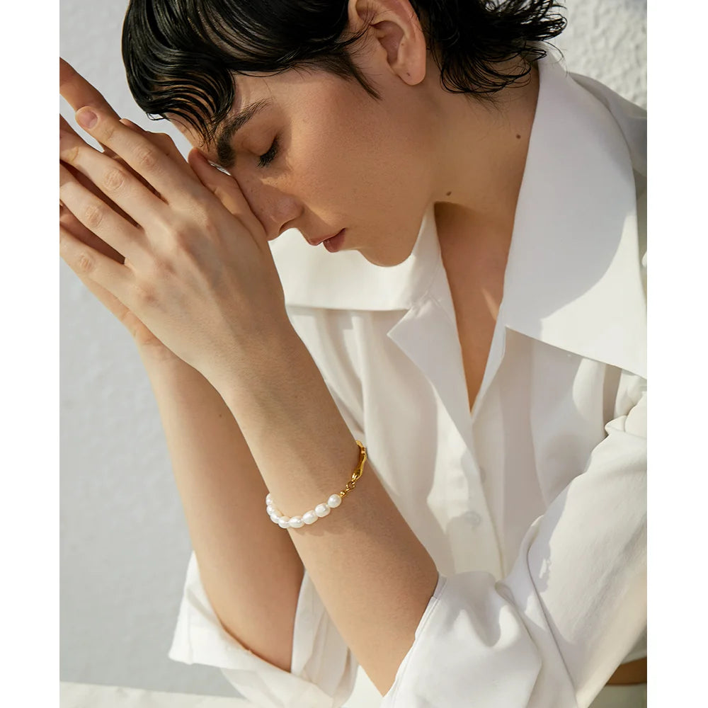 Yhpup Luxury Natural Freshwater Pearls Stainless Steel 18k Gold Color Bracelet Bangle Temperament Fashion Jewelry Women New Gift