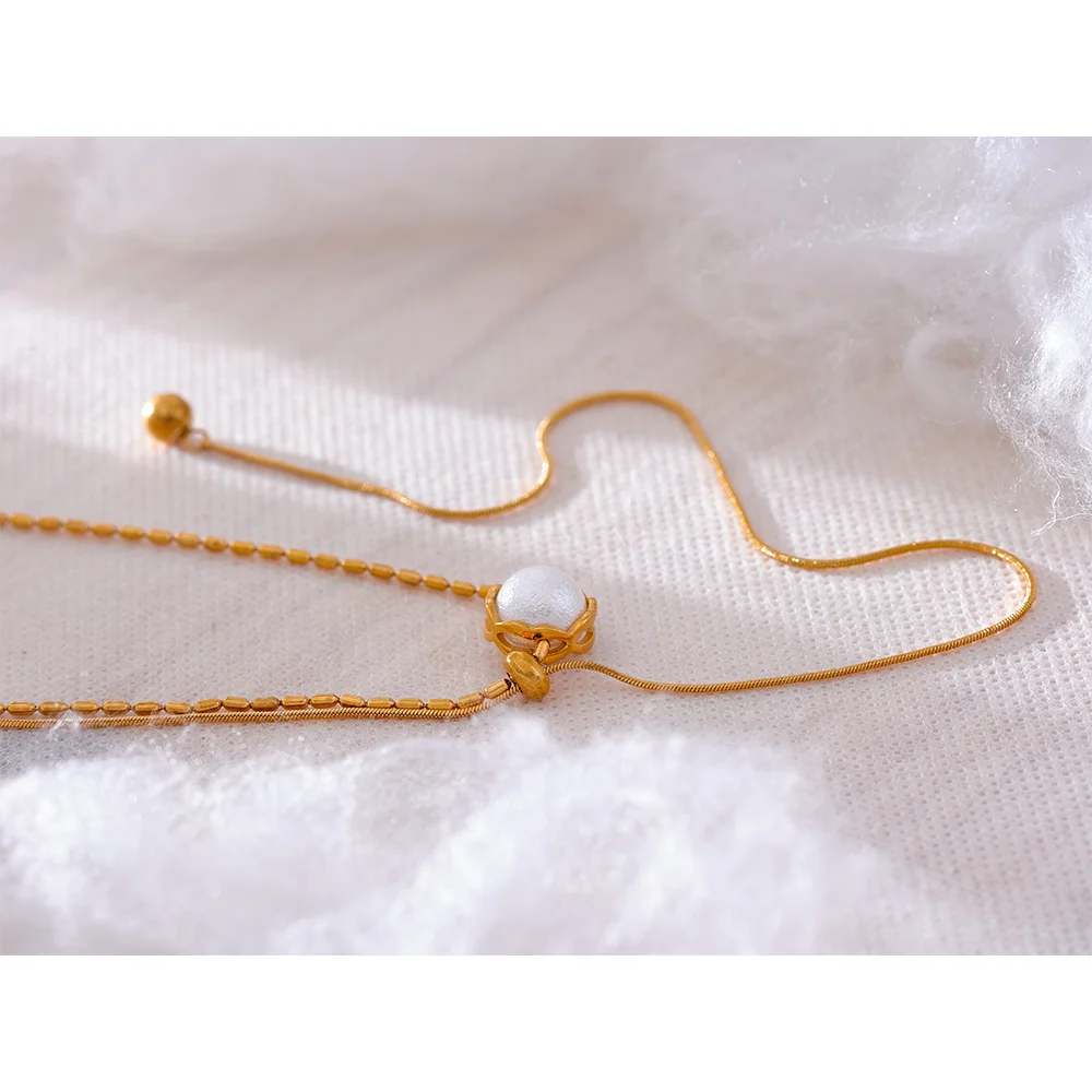 Yhpup Stainless Steel Imitation Pearl Korean Style Chain Necklace Water Resistant Personalized Fashion Neck Pendant Jewelry