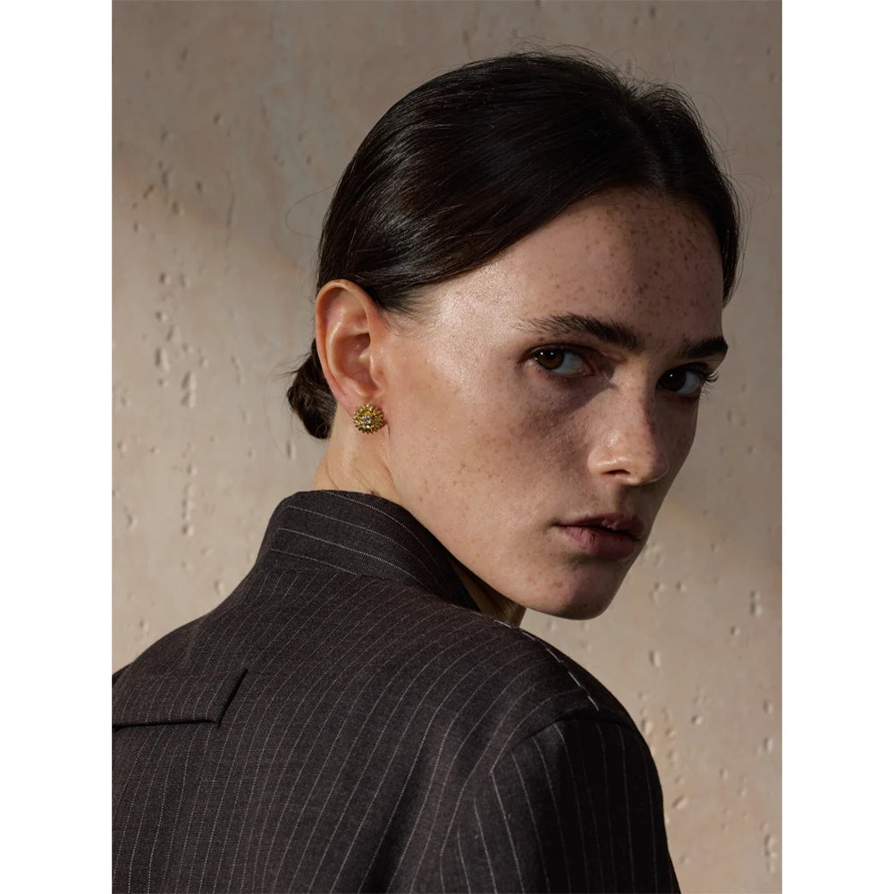 Yhpup Fashion Trendy Stainless Steel Daisy CZ Stereoscopic Waterproof Stud Earrings Women Stylish Daily Jewelry Office Ladies