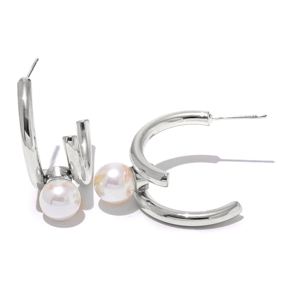 Yhpup Trendy Imitation Pearls Stainless Steel Geometric Huggie Earrings Korean Temperament Anti Allergic Versatile Jewelry New