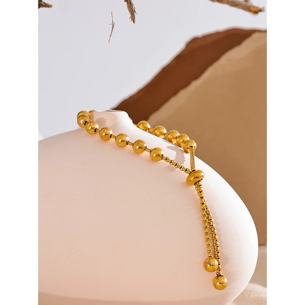 Yhpup 18K Gold Color PVD Plated Metal Beads Chain Adjustable Bracelet Bangle Statement Waterproof Summer Daily Jewelry