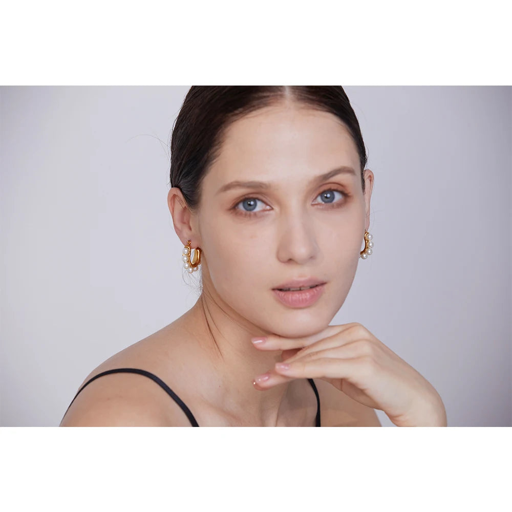 Yhpup Elegant Imitation Pearls Geometric Stainless Steel Huggie Hoop Earrings 18K Gold Color Waterproof Charm Trendy Jewelry