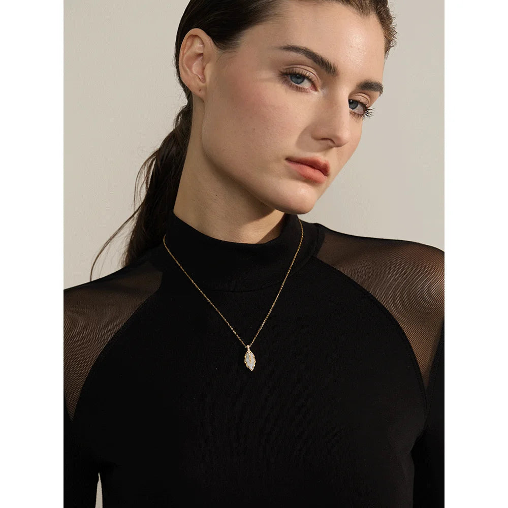 Yhpup High Quality Shiny Zircon Natural Shell Leaf Plant Pendant Necklace Stainless Steel Chain Neck Collar Exquisite Jewelry