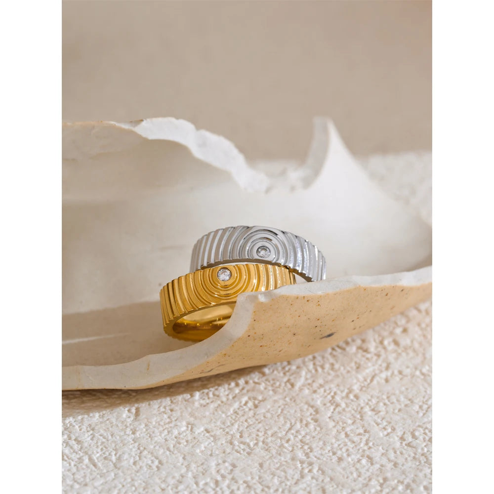 Yhpup 6789# Arrival Stainless Steel Round Striped Zircon Ring High Quality Minimalist Finger Fashion Jewelry Bijoux Femme