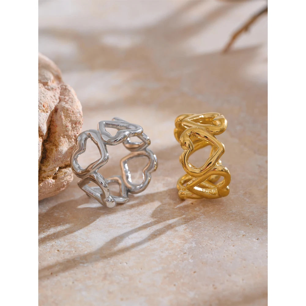 Yhpup Stylish Unique Stainless Steel Heart Love Hollow Ring Water Resistant Metal Attractive Daily Finger Jewellery 202