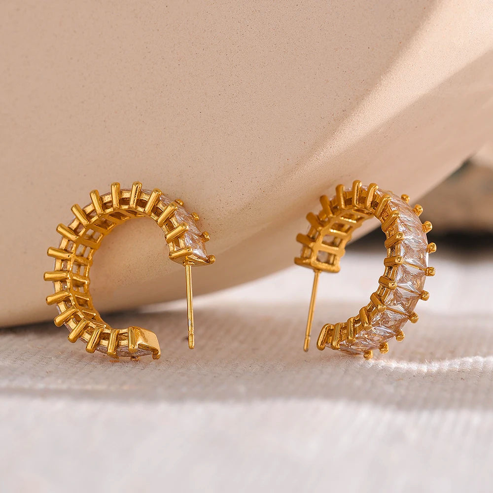 Yhpup Luxury Elegant AAA Cubic Zirconia Stainless Steel Hoop Earrings Waterproof Bling Trendy Fashion Wedding Jewelry Gift Women