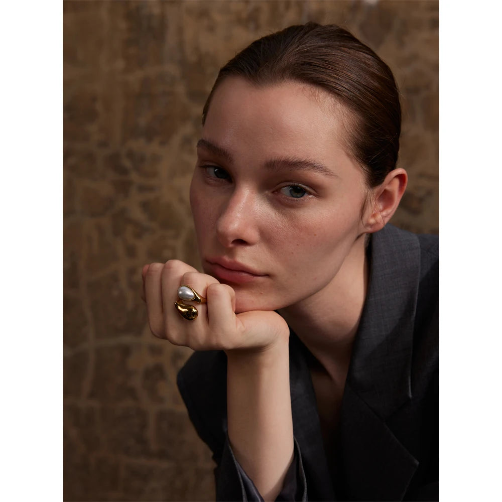 Yhpup Fashion Imitation Pearl Water Drop Finger Adjustable Ring Women 316L Stainless Steel Elegant Gold Platinum Plated Jewelry