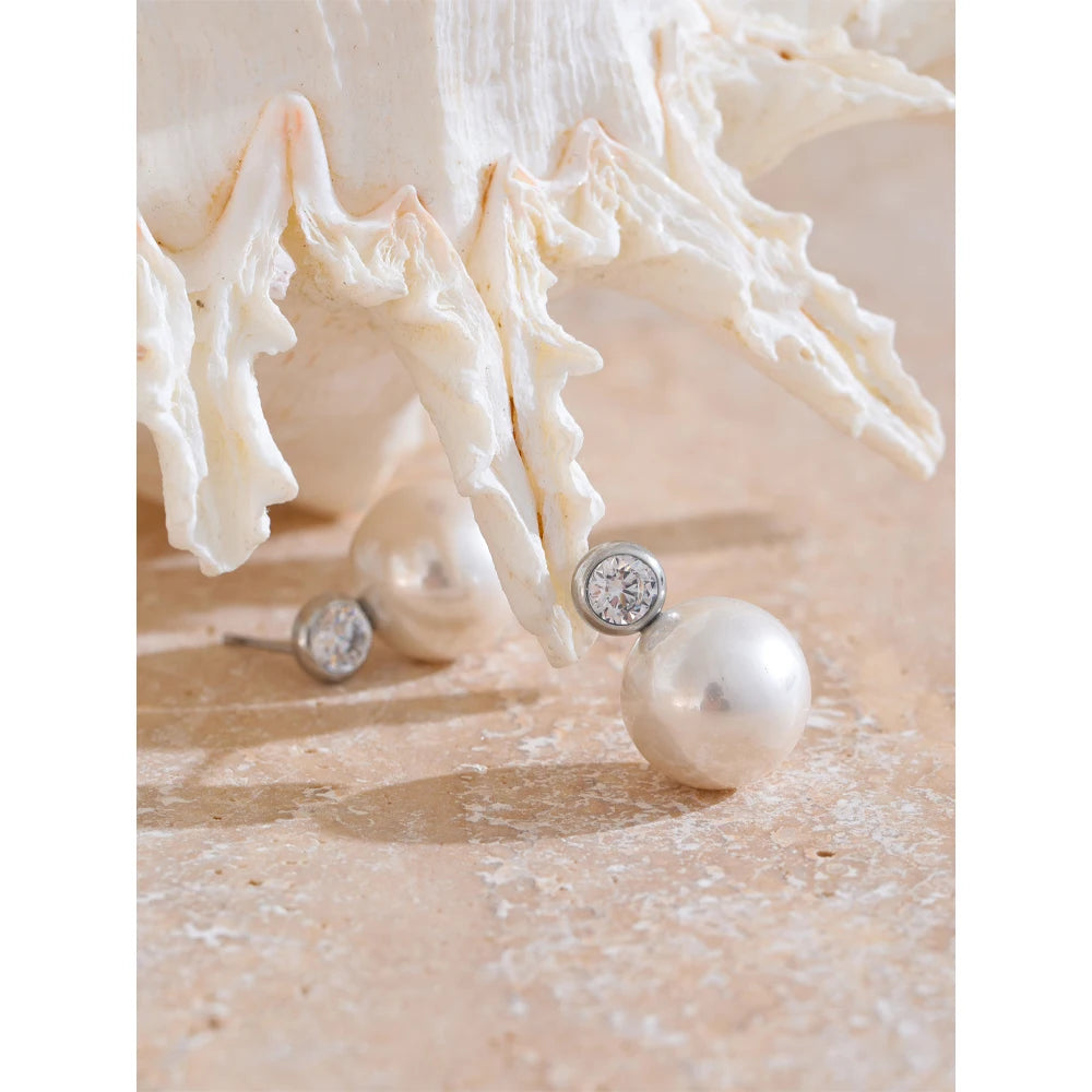 Yhpup Korean Style Imitation Pearls Zircon Round Classic Daily Stud Earrings Women Stainless Steel Charm Fashion Jewelry Gift