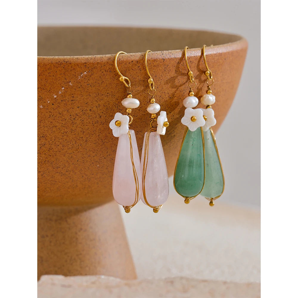 Yhpup Green Pink Natural Stone Drop Earrings for Women Stainless Steel Vintage Elegant Chinese Style Fashion Jewelry Gift