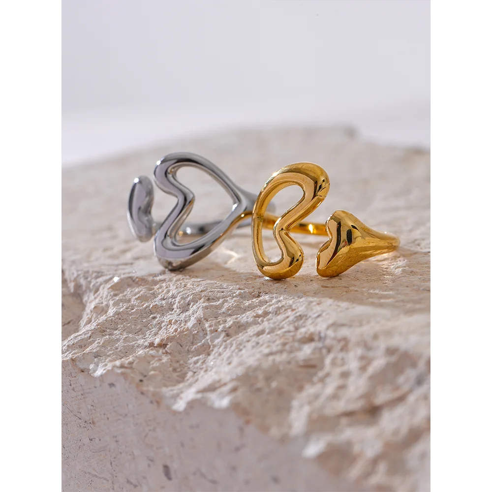 Yhpup Stainless Steel Heart Love Hollow Minimalist Ring Chic 18K PVD Plated Metal Charm Fashion Jewelry бижутерия для женщин