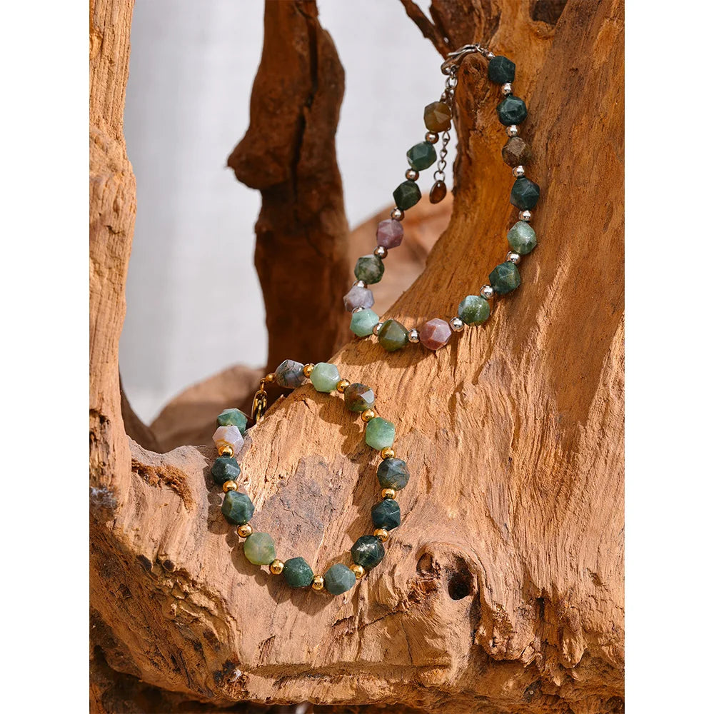 Yhpup Indian Agate Natural Stone Beads Chain Men Bracelet Bangle Stainless Steel Wrist Handmade Summer Jewelry Waterproof