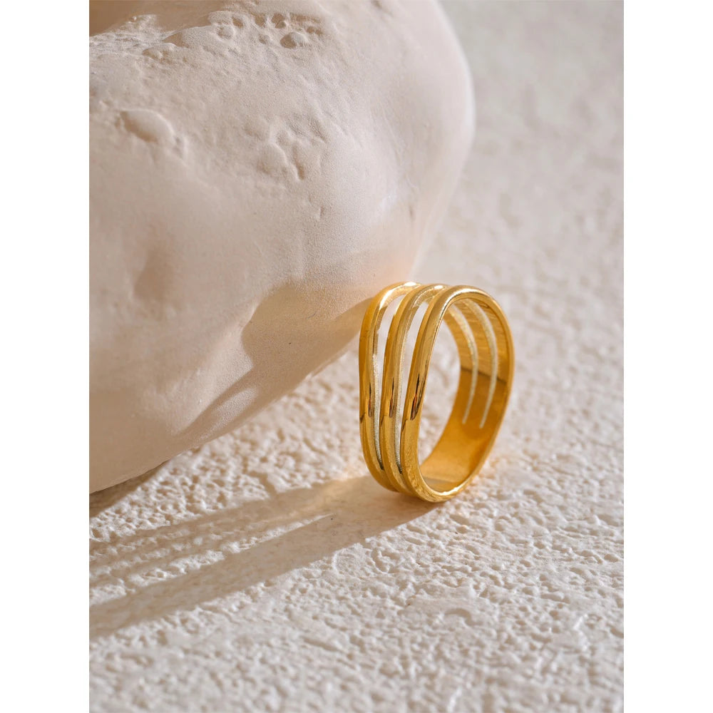 Yhpup 678# Distinctive Stainless Steel Metal Geometric Layered Hollow Golden Ring Charm Trendy Daily Jewelry Accessories