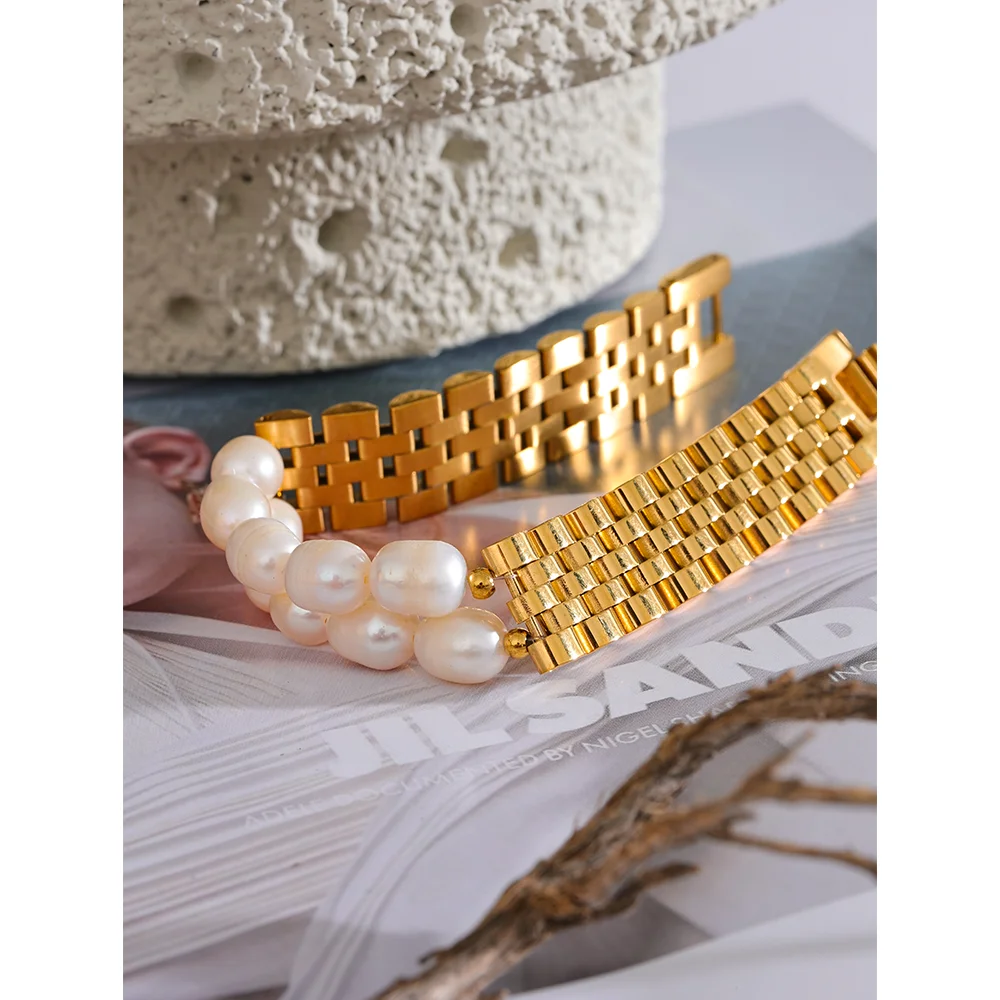 Yhpup Luxury Natural Pearls Cuban Chain 316L Stainless Steel Bracelet Bangle High Quality Women Gold Color Premium Jewelry Gift