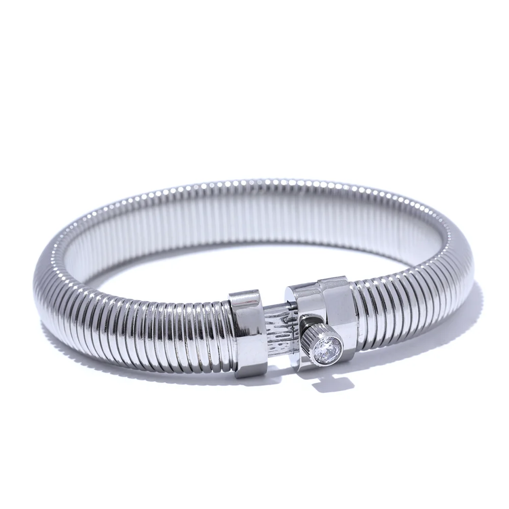 Yhpup Stainless Steel Elastic Thick Metal Bracelet Bangle Statement CZ Popular Fashion Unisex Jewelry for Men Women Waterproof