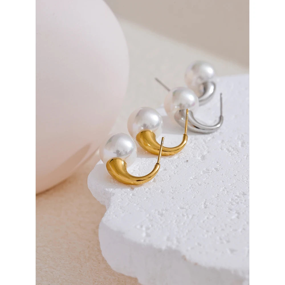 Yhpup Popular Imitation Pearls Stainless Steel Round Geometric High Quality Earrings Korean Daily Fashion Jewelry for Women
