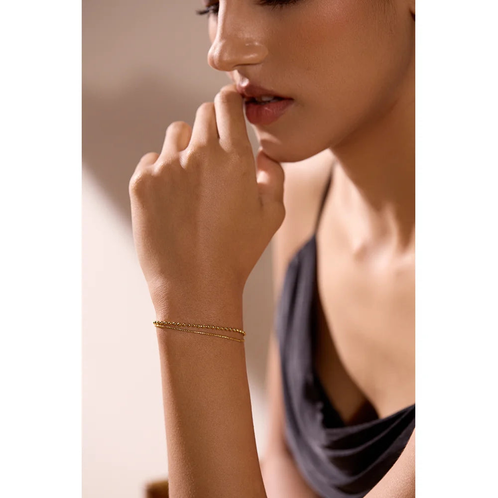 Yhpup Stainless Steel Flat & Bead Chains Double Layer Fashion Bracelet Bangle Men Women Charm Summer Beach Trendy Chic Jewelry