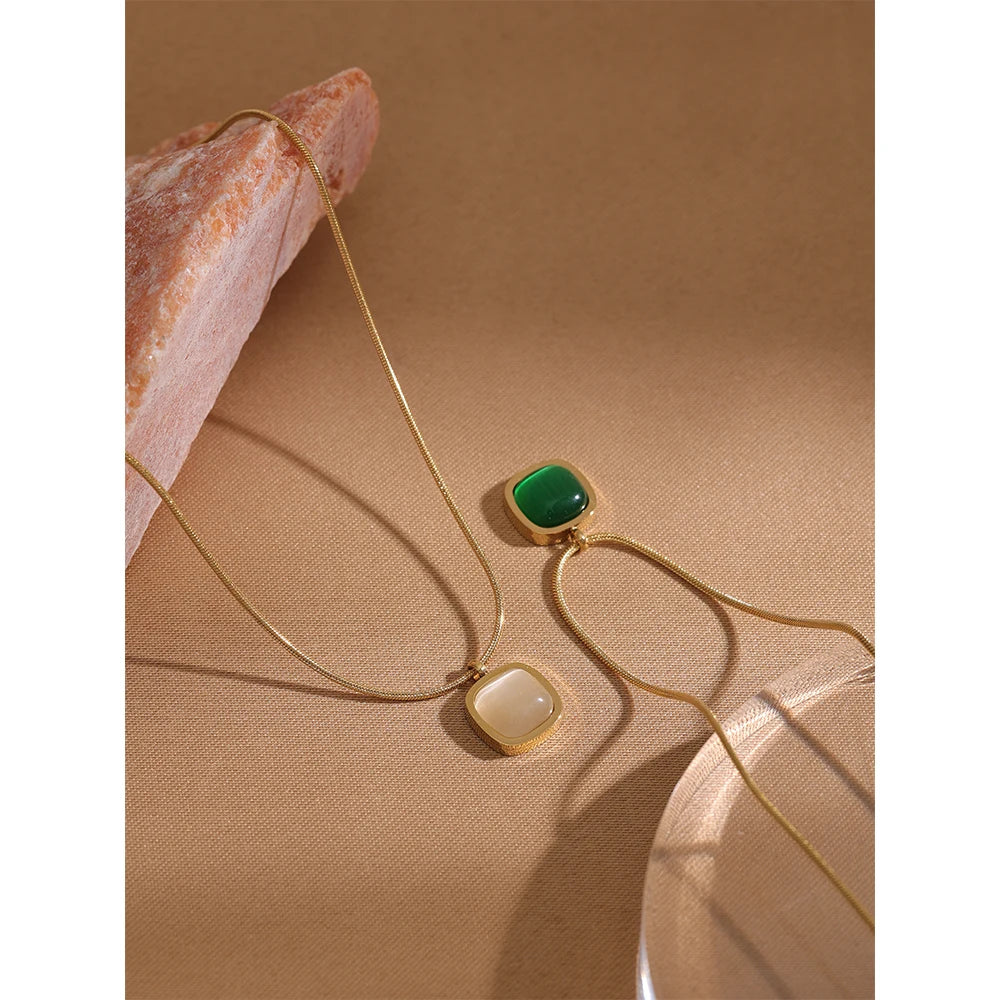 Yhpup Square Green Opal Stone Pendant Drop Dangle Necklace for Women Charm Jewelry Minimalist Geometric Stainless Steel Necklace