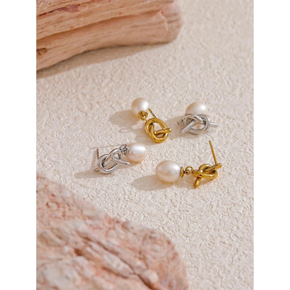 Yhpup Luxury Natural Freshwater Pearl Knot Drop Earrings Trendy Stainless Steel Exquisite High Quality Versatile Jewelry Gift